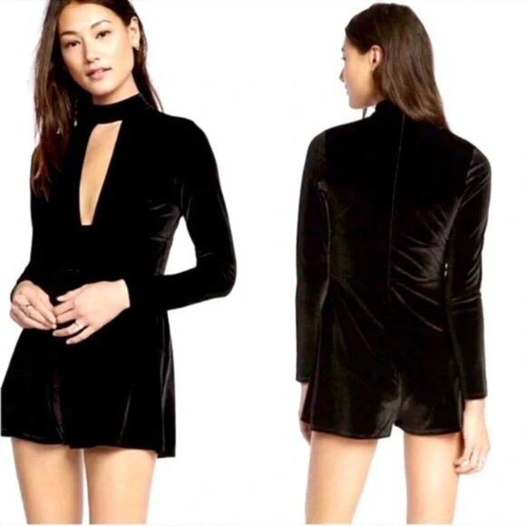 Express Velour Long Sleeve Romper with Deep Plunge Cutout Womens Size S - Picture 1 of 11